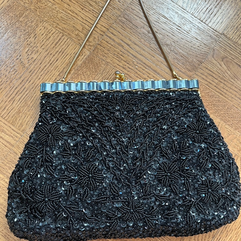 Vintage Hand-Beaded Evening Purse – Black Beads & Sequins, Made in Hong Kong